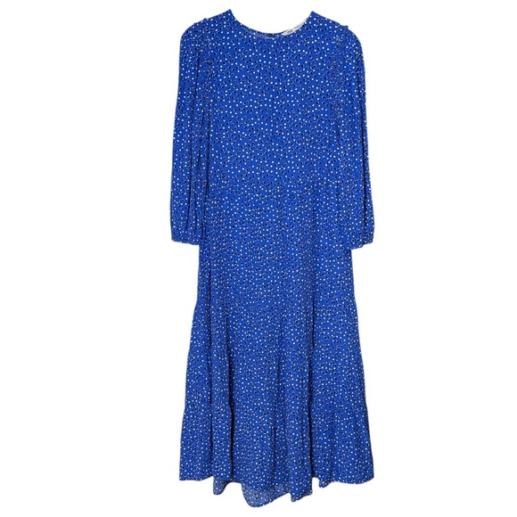 Zara Ruffle Long Sleeve Polka Dot Tiered A-Line Midi Dress Size M Bohemian Blue - Picture 2 of 15